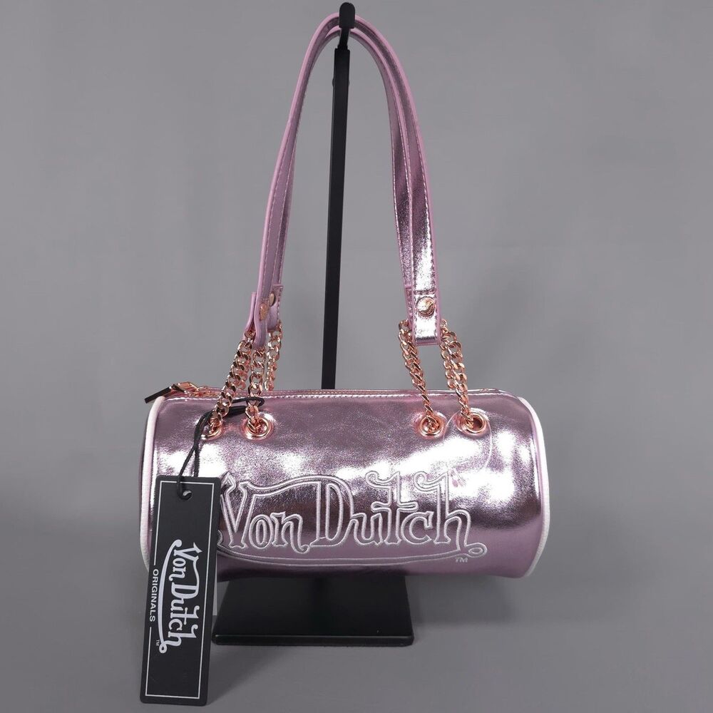VON DUTCH Women's New Barrel Bag Purse Logo Metallic Pink Handbag Shoulder